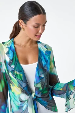 Roman Green Tie Frill Detail V Neck Stretch Mesh Top