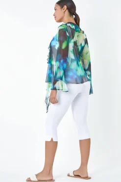 Roman Green Tie Frill Detail V Neck Stretch Mesh Top