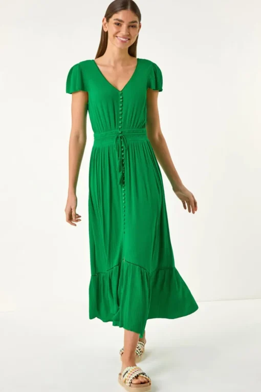 Roman Green Tiered Buttoned Maxi Dress