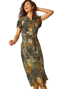 Roman Green Tropical Leaf Print Shirt Dress