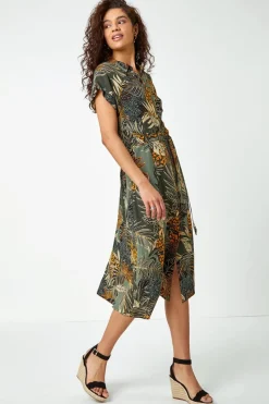 Roman Green Tropical Leaf Print Shirt Dress
