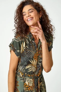 Roman Green Tropical Leaf Print Shirt Dress