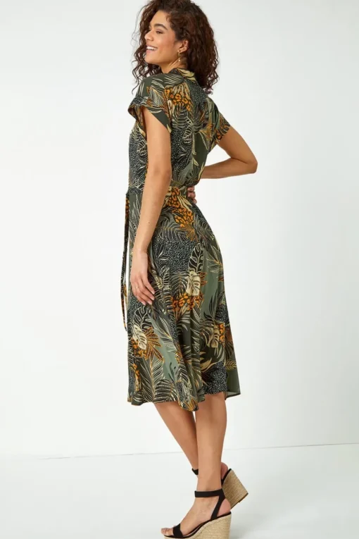 Roman Green Tropical Leaf Print Shirt Dress