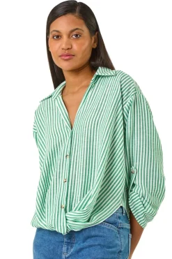 Roman Green Twisted Hem Striped Shirt