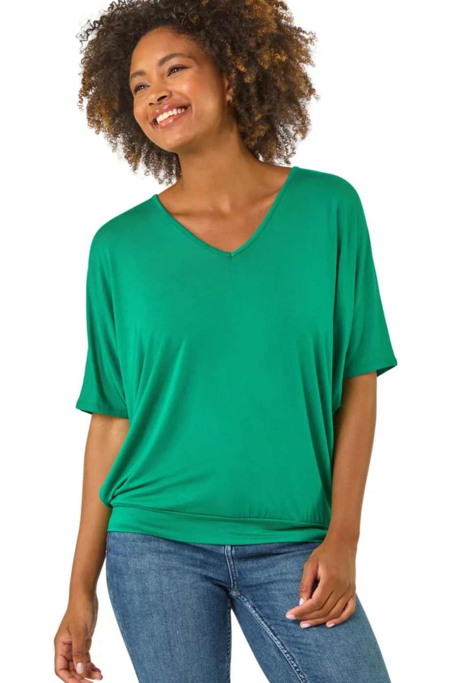 Roman Green V Neck Grown On Sleeve Stretch Top