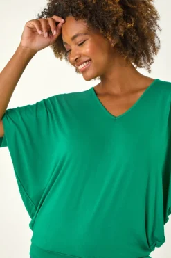 Roman Green V Neck Grown On Sleeve Stretch Top