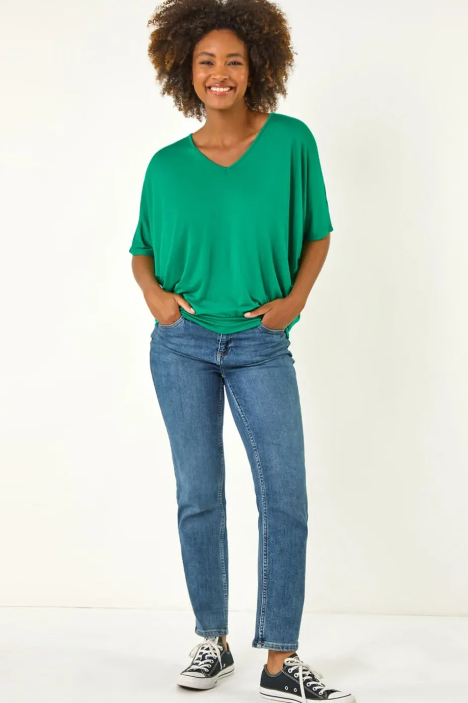 Roman Green V Neck Grown On Sleeve Stretch Top