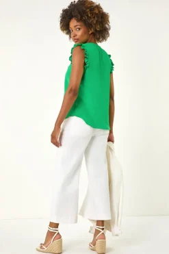 Roman Green V-Neck Ruffle Front Vest Top