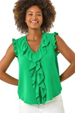 Roman Green V-Neck Ruffle Front Vest Top