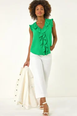 Roman Green V-Neck Ruffle Front Vest Top