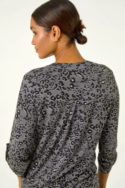 Roman Grey Animal Print Stretch Blouse