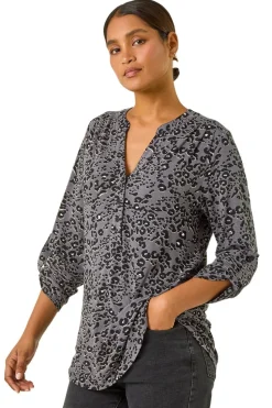 Roman Grey Animal Print Stretch Blouse