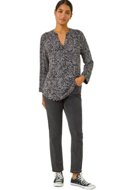 Roman Grey Animal Print Stretch Blouse