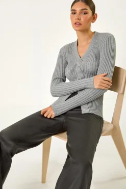 Roman Grey Cable Split Detail Rib Jumper