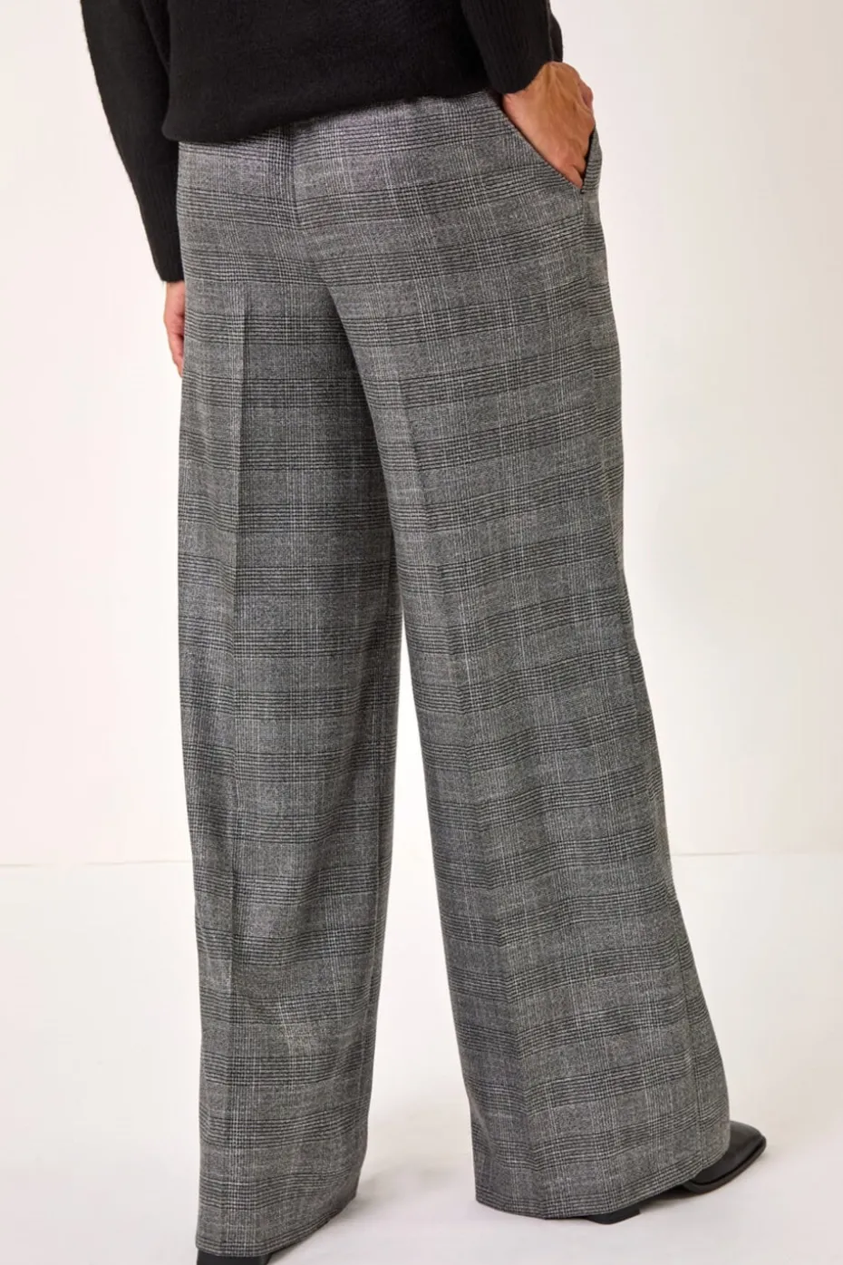 Roman Grey Check Print Tie Front Wide leg Tie Trouser