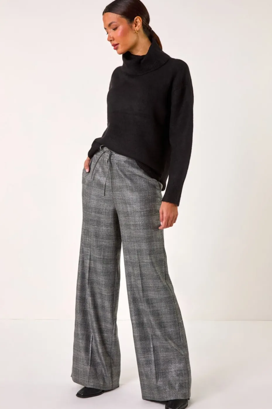 Roman Grey Check Print Tie Front Wide leg Tie Trouser
