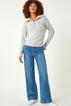 Roman Grey Collar Zip Neck Knit Jumper