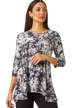 Roman Grey Floral Print Swing Top
