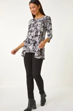Roman Grey Floral Print Swing Top