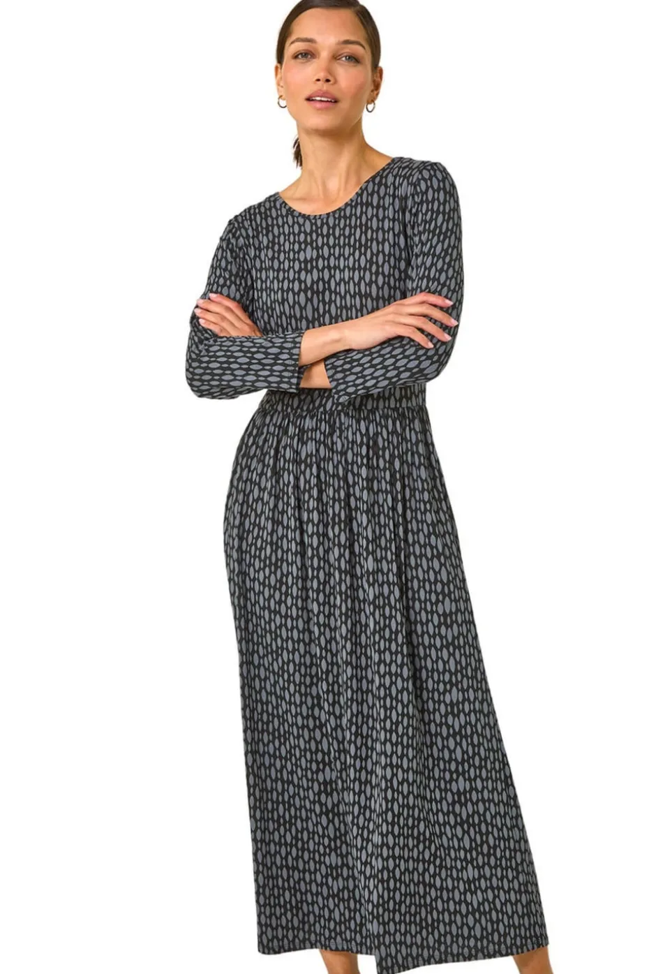 Roman Grey Geometric Pocket Stretch Midi Dress