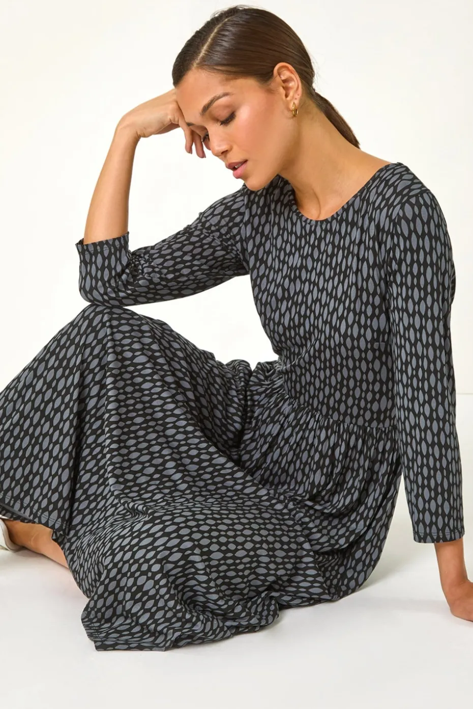 Roman Grey Geometric Pocket Stretch Midi Dress