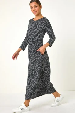 Roman Grey Geometric Pocket Stretch Midi Dress