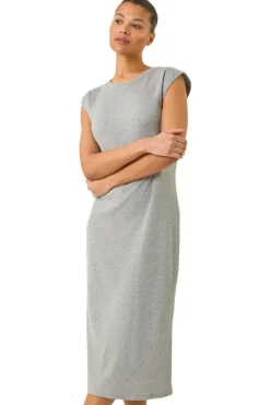 Roman Grey Ribbed Cap Sleeve Midi Dress