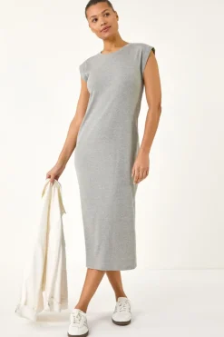 Roman Grey Ribbed Cap Sleeve Midi Dress