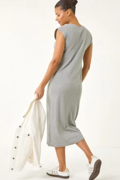 Roman Grey Ribbed Cap Sleeve Midi Dress
