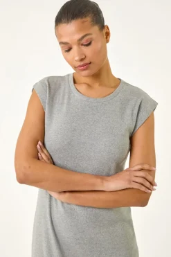 Roman Grey Ribbed Cap Sleeve Midi Dress