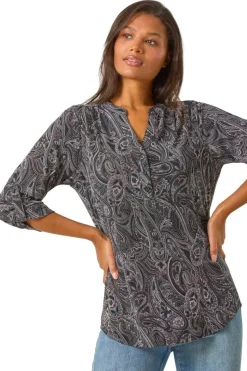 Roman Grey Textured Paisley Print Stretch Blouse