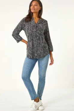 Roman Grey Textured Paisley Print Stretch Blouse