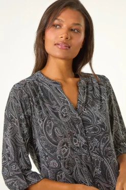Roman Grey Textured Paisley Print Stretch Blouse