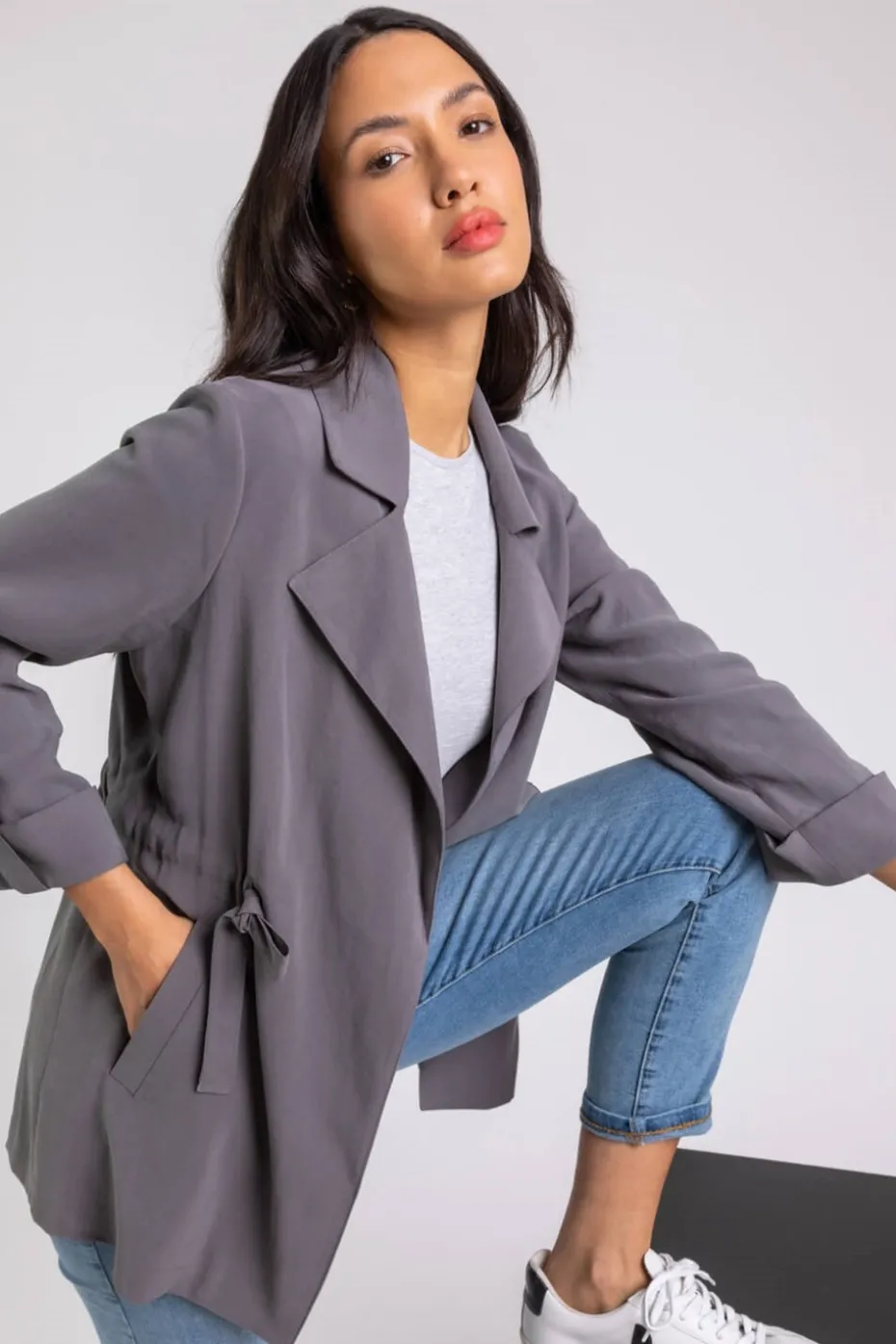 Roman Grey Tie Waist Longline Jacket