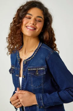 Roman Indigo Collarless Tape Stretch Denim Jacket