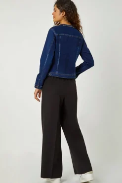 Roman Indigo Collarless Tape Stretch Denim Jacket