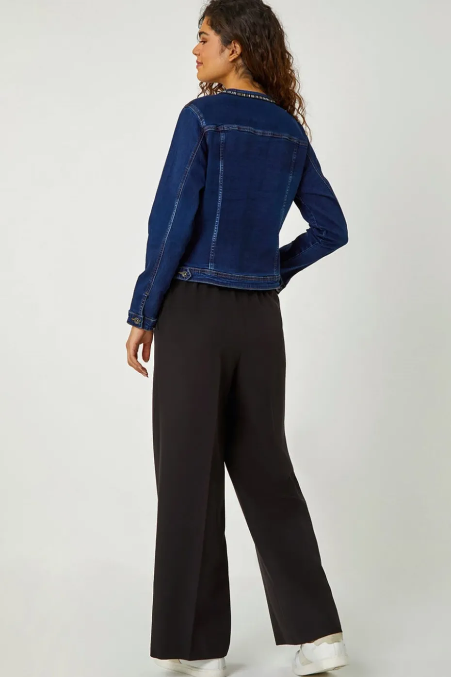 Roman Indigo Collarless Tape Stretch Denim Jacket