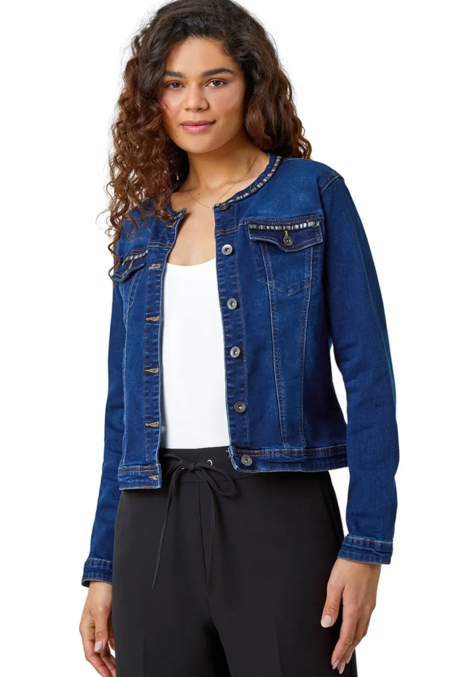 Roman Indigo Collarless Tape Stretch Denim Jacket