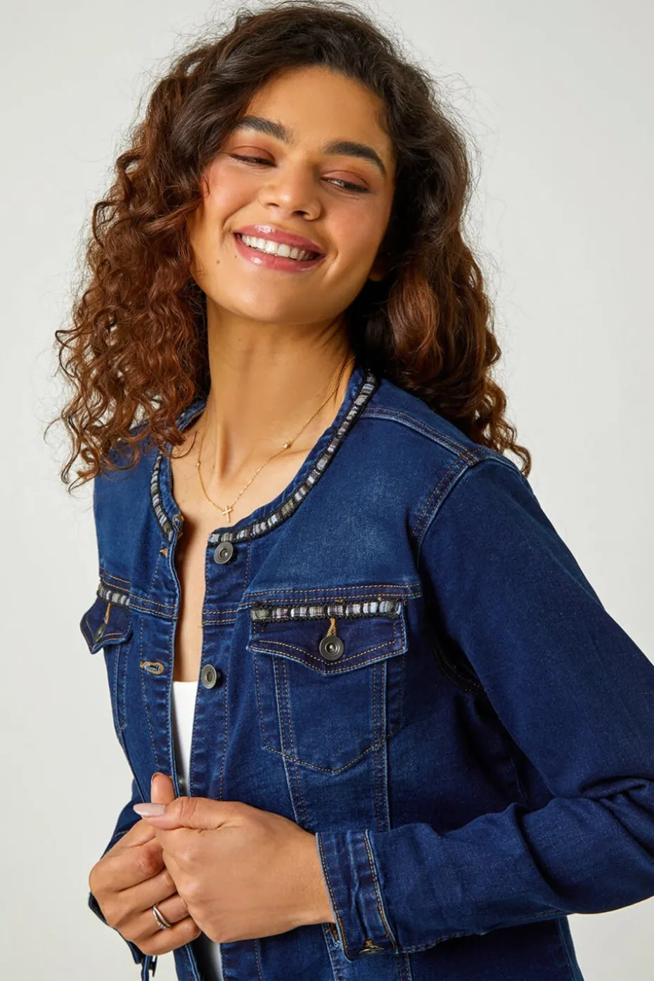 Roman Indigo Collarless Tape Stretch Denim Jacket