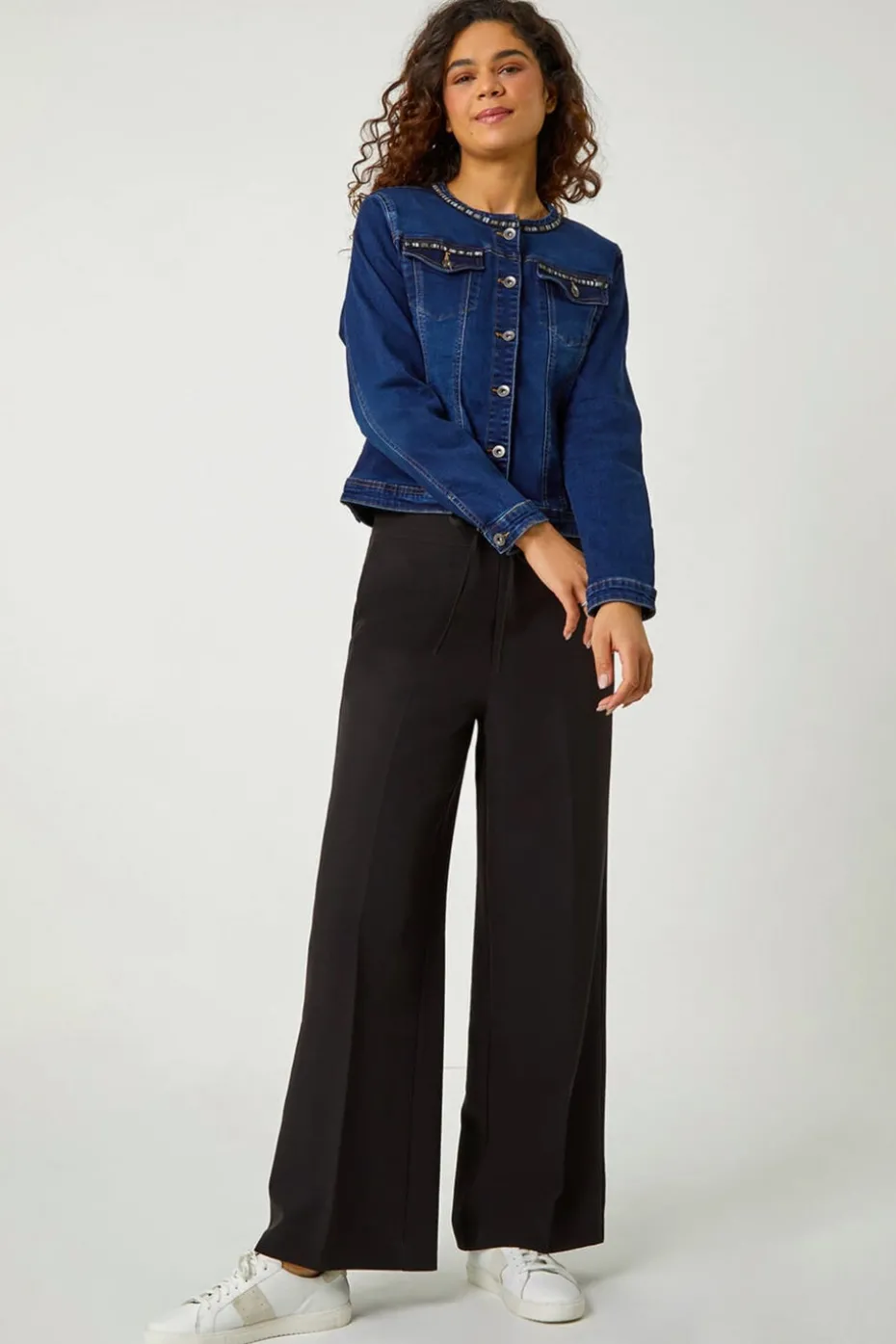 Roman Indigo Collarless Tape Stretch Denim Jacket