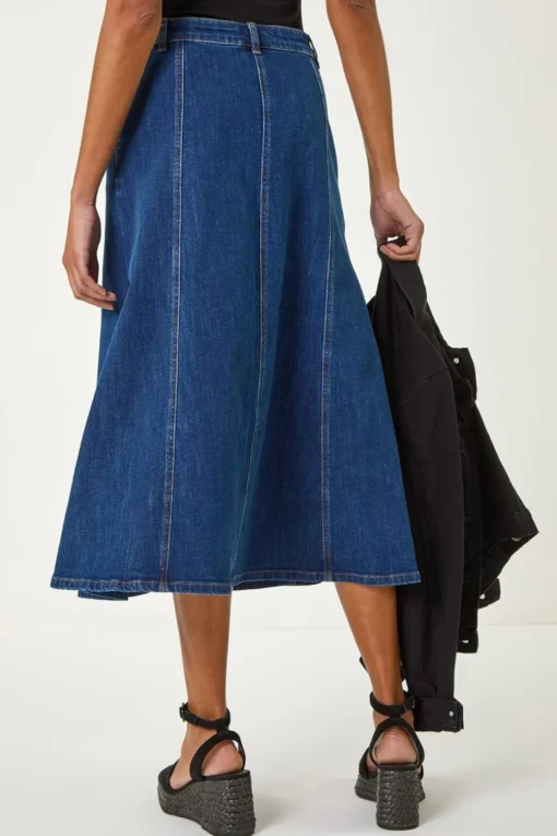 Roman Indigo Cotton Denim Panelled Midi Skirt
