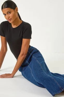 Roman Indigo Cotton Denim Panelled Midi Skirt