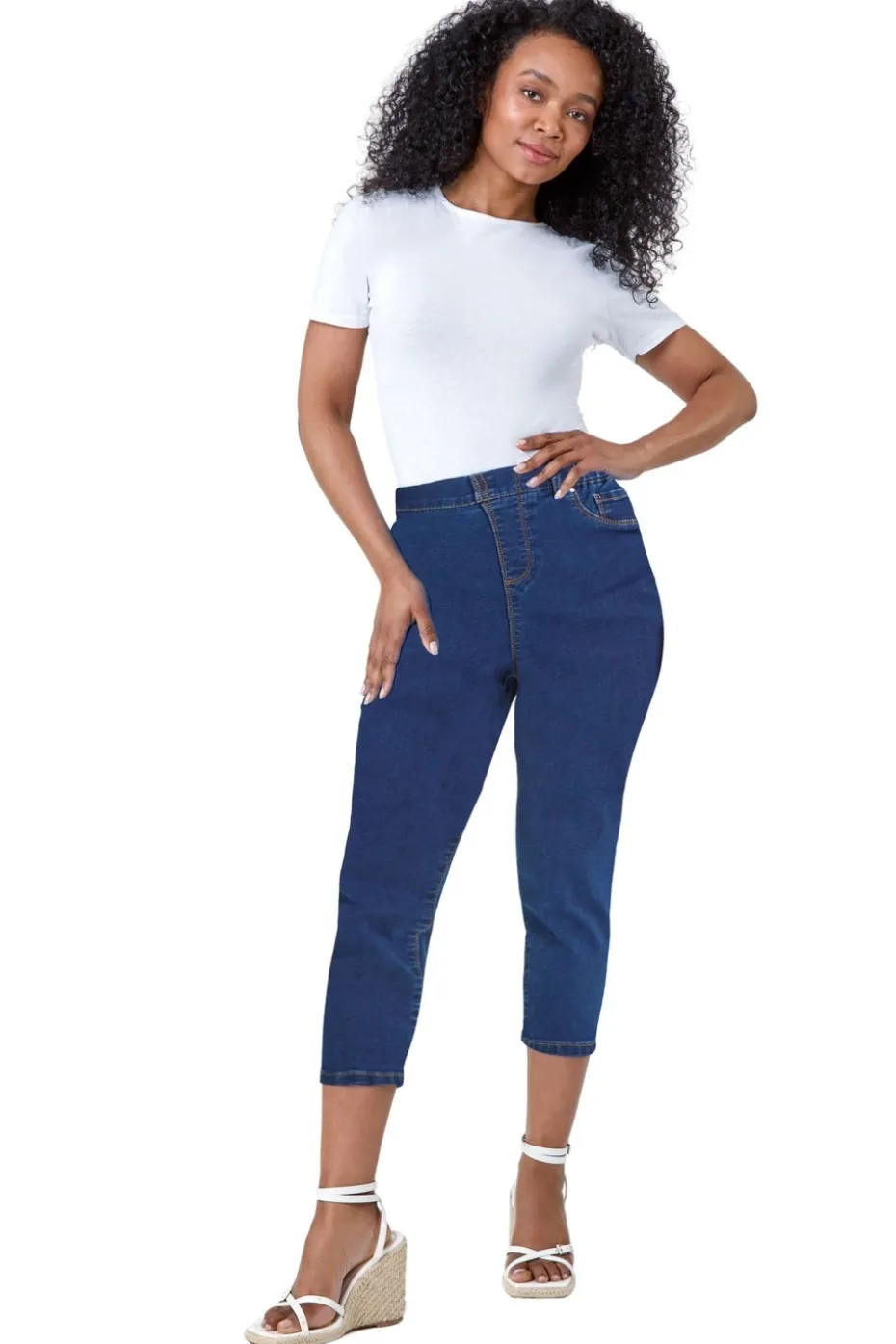 Roman Indigo Petite Elastic Waist Crop Denim Jegging
