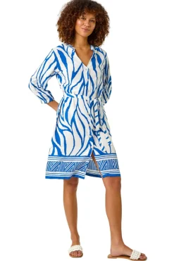 Roman Ink Blue Abstract Border Tie Shirt Dress