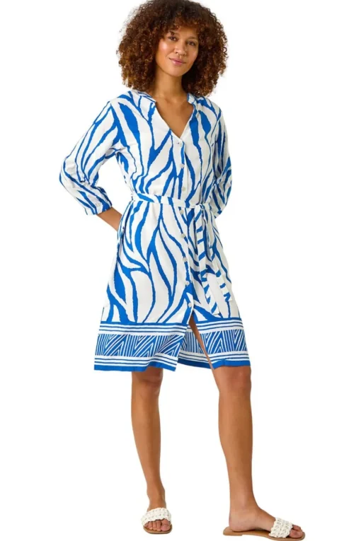 Roman Ink Blue Abstract Border Tie Shirt Dress