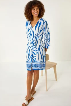 Roman Ink Blue Abstract Border Tie Shirt Dress