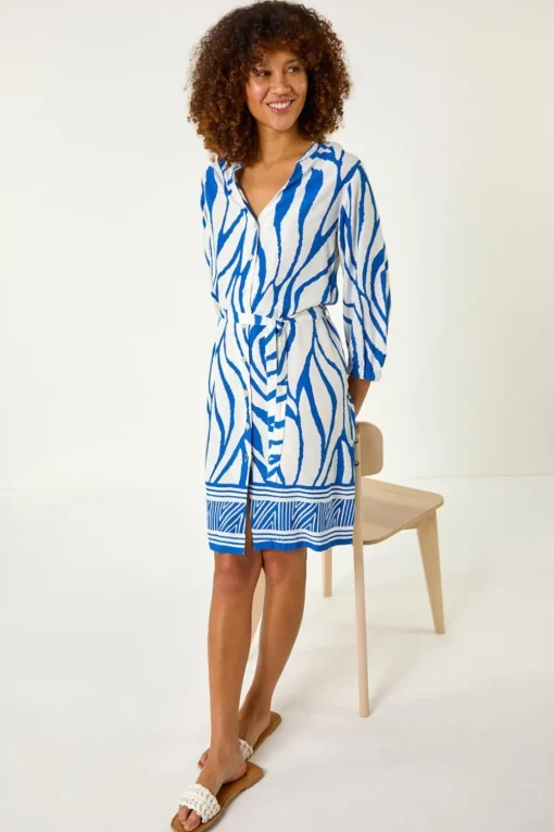 Roman Ink Blue Abstract Border Tie Shirt Dress