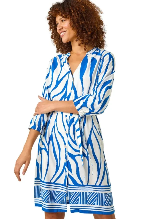 Roman Ink Blue Abstract Border Tie Shirt Dress