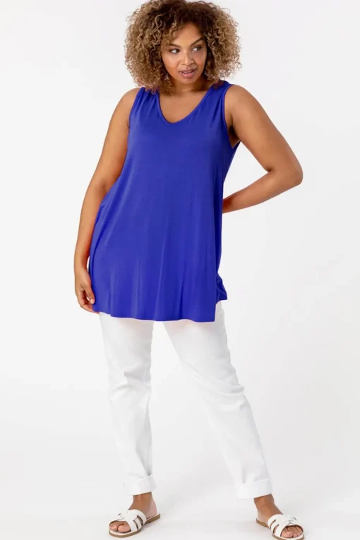Roman Ink Blue Curve Plain V-Neck Vest Top