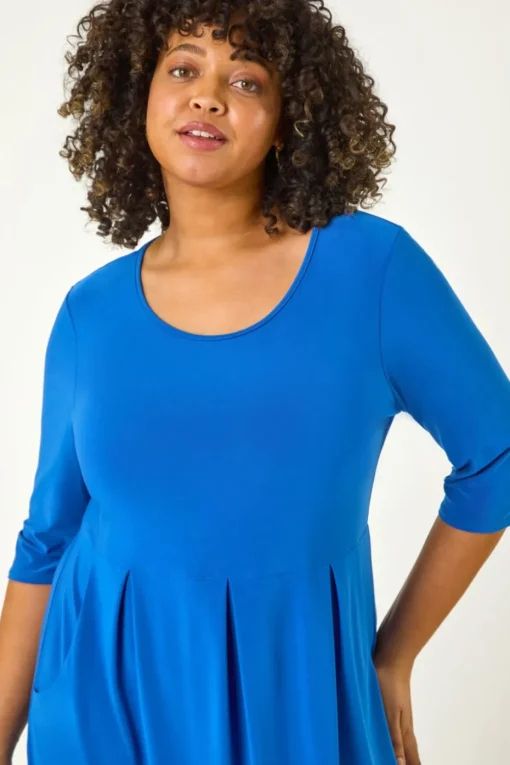 Roman Ink Blue Curve Pocket Shift Midi Dress